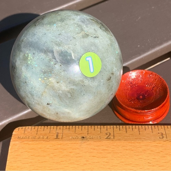 58.5MM 2.2” Madagascar Rainbow Labradorite Stone Sphere Crystal Ball Wood Stand - Picture 10 of 14
